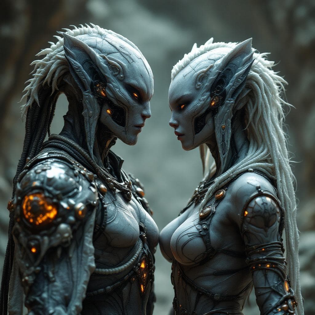 AI generated: Create a unique, flesh, organic, species, Male and Female, that matches this description. Talanthi –...