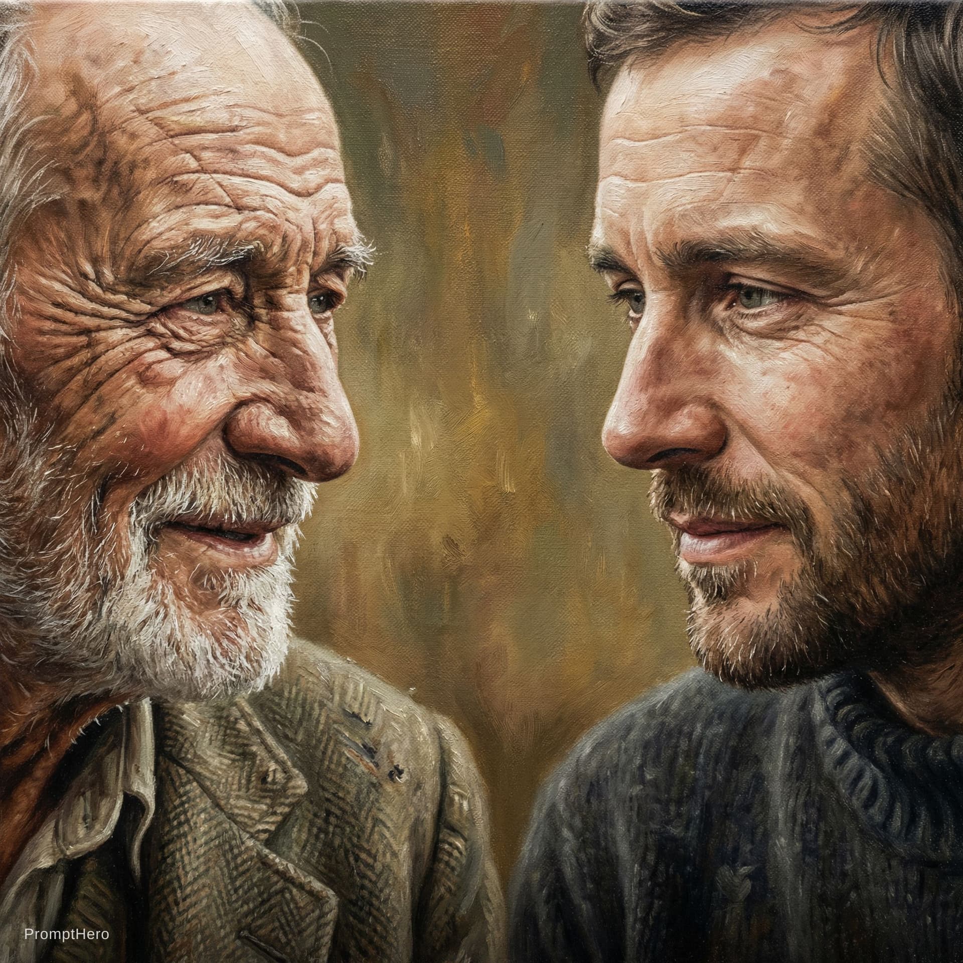 AI generated: A highly detailed and visually appealing artistic depiction of two human faces—father and son—create...