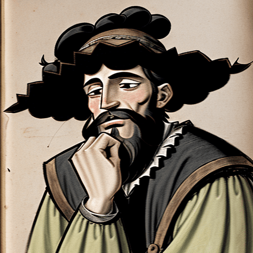 AI generated: Drawing for children's comic of a thin, bearded, 16th century Spanish man with a scholar's cap and r...