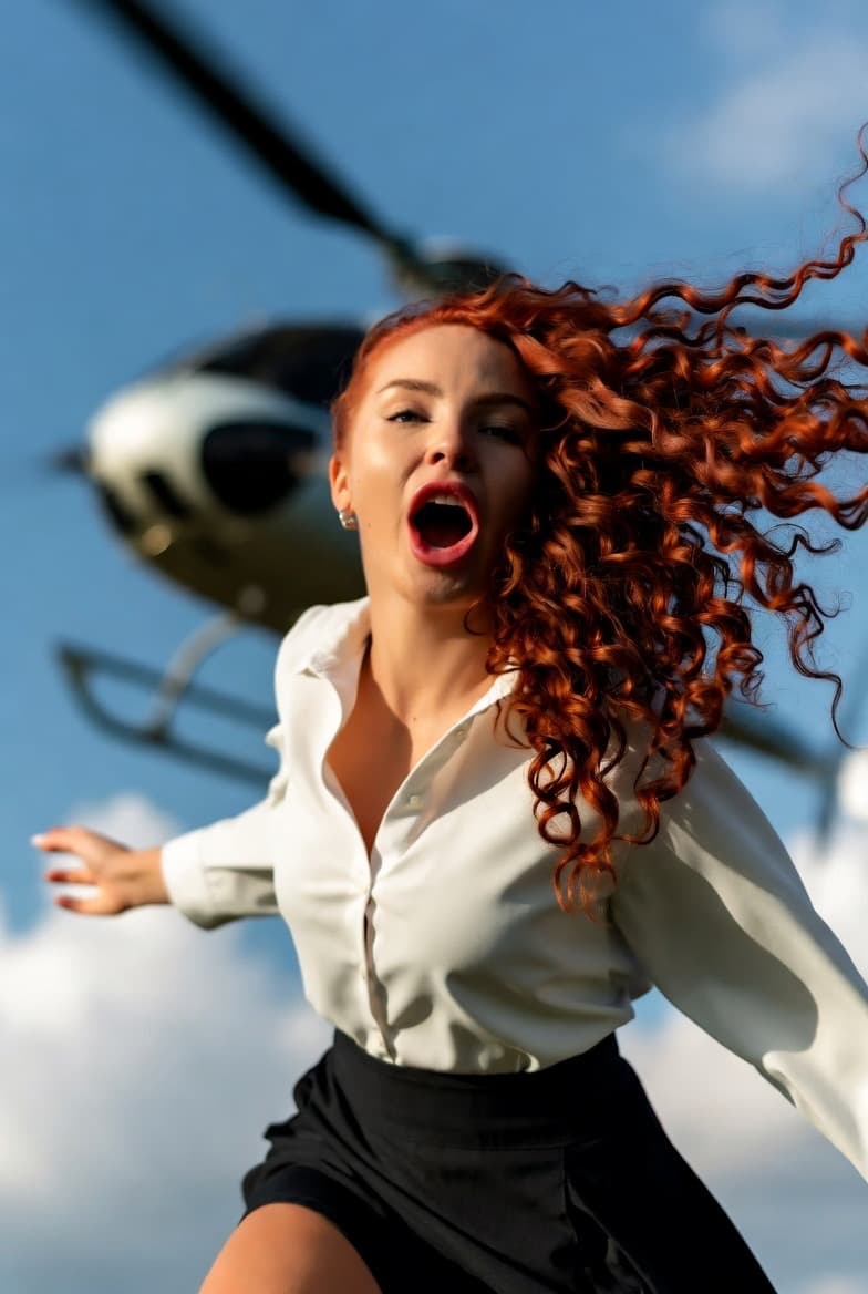AI generated: A Red-Headed Woman With Hair Blowing in The Wind By a Helicopter ( Created With Grok 