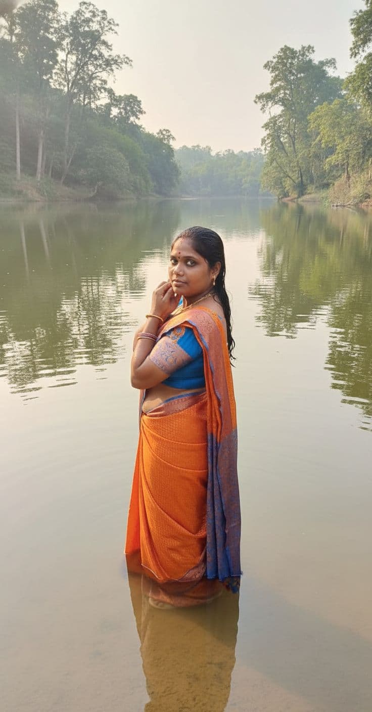 AI generated: The uploaded woman stands in a serene lake, her back to the viewer, looking over her shoulder with l...