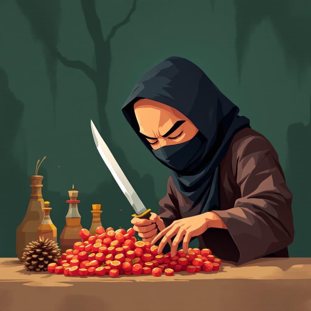 AI generated: A flat illustration of 1 asian thief sharpening a dagger,The character is in the lower right corner ...