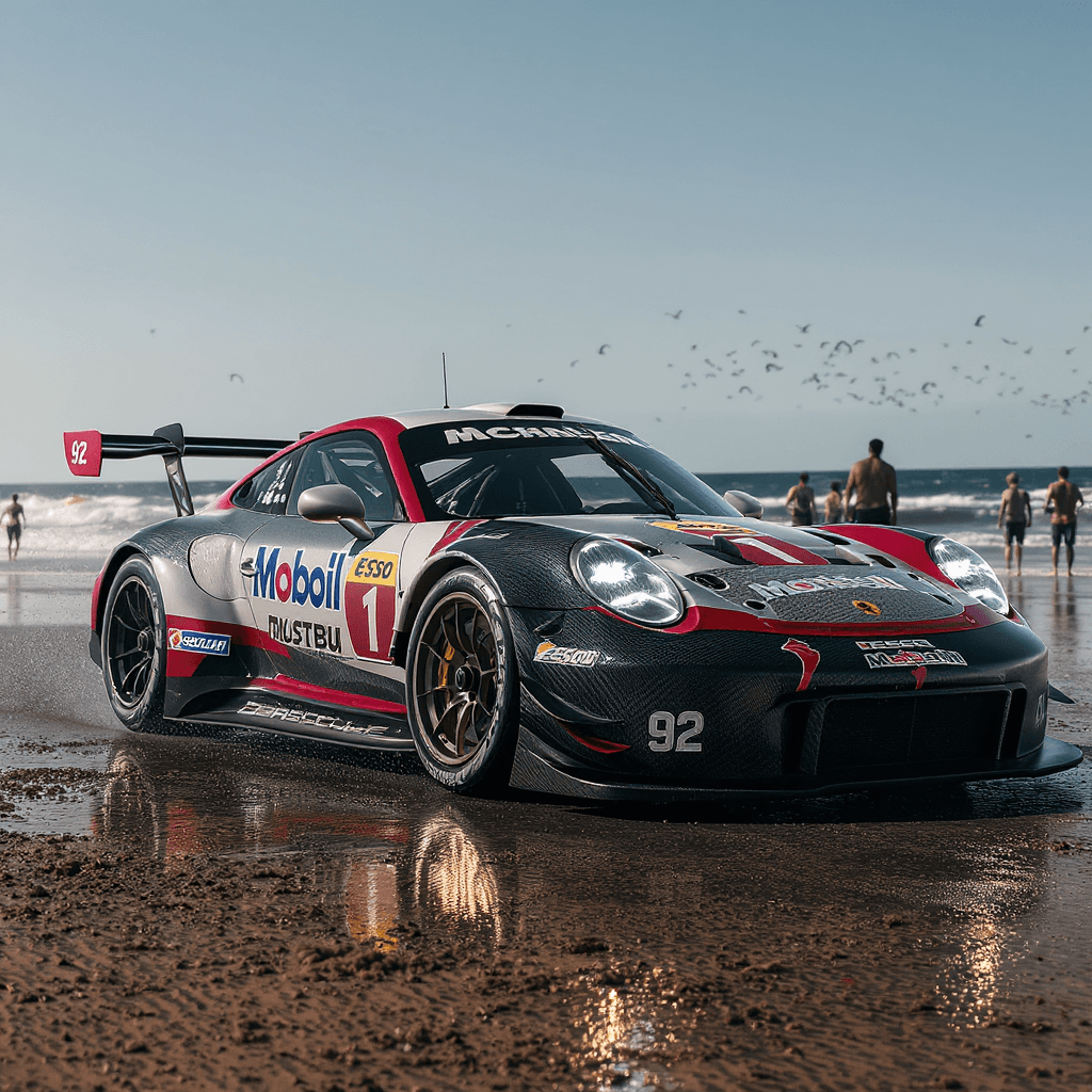 AI generated: A hyperrealistic scene of a Porsche 911 RSR racing car parked on a dirt road with a beach landscape ...