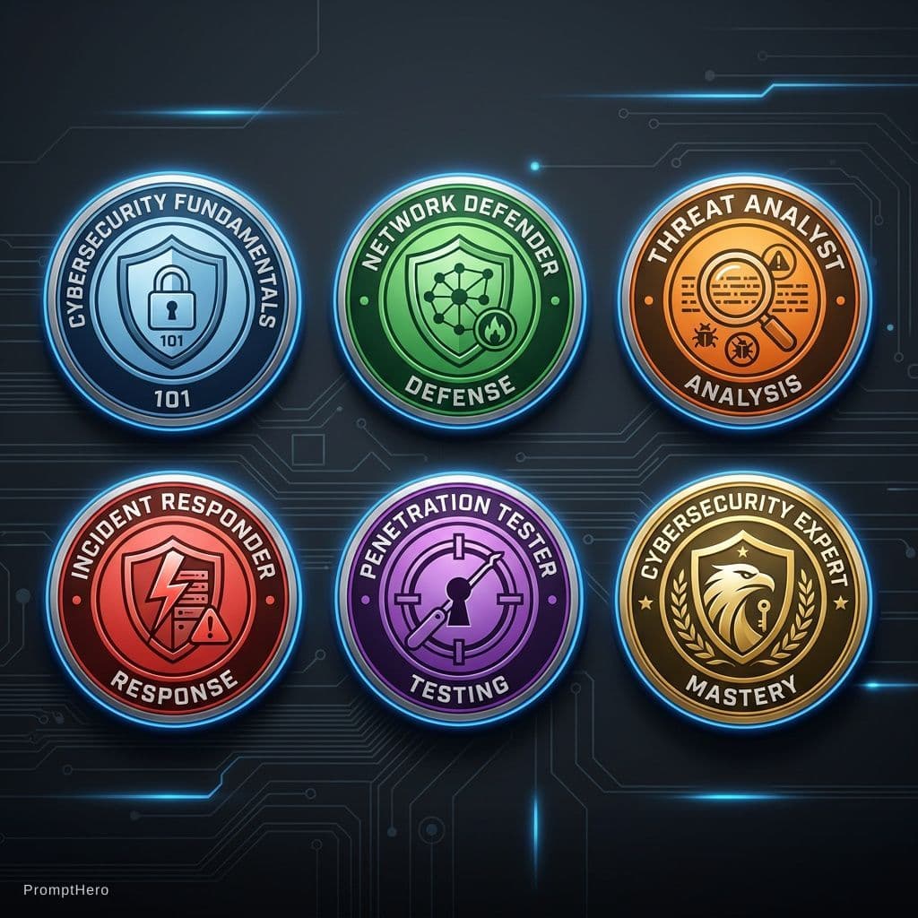 AI generated: Generate a series of badges for cybersecurity training, range from a basic 101 fundamental course, t...