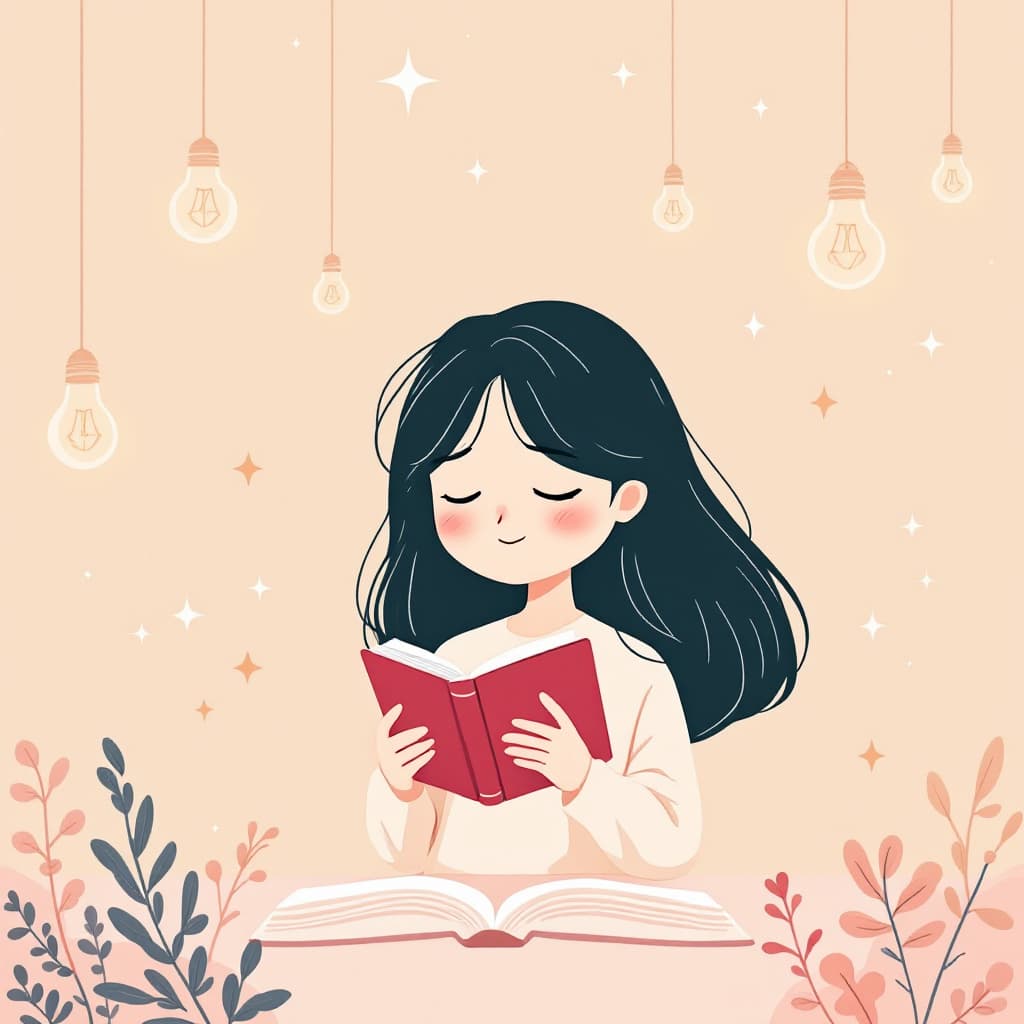 AI generated: `Soft pastel background, a confident cartoon Asian girl reading a book, surrounded by floating light...
