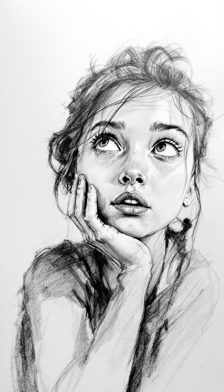AI generated: Girl, charcoal sketch, wondering, 