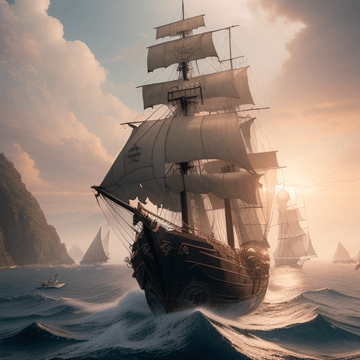 AI generated: Photo of a ultra realistic sailing pirate ship, dramatic light, pale sunrise, cinematic lighting, ba...