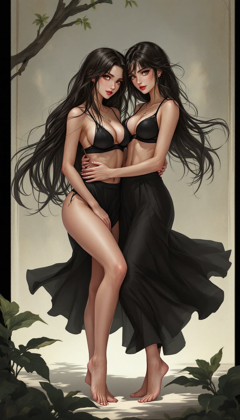 AI generated: Two Gorgeous woman, ufotable masterpiece, full body, best quality artwork - stylized - high contrast...
