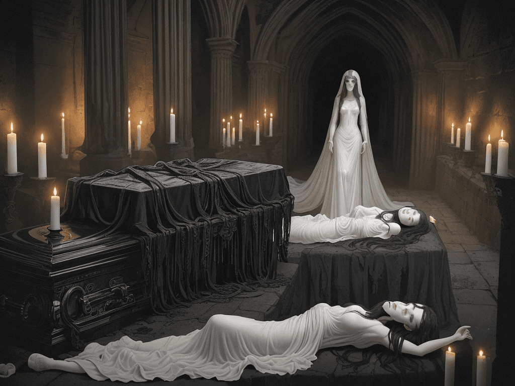 AI generated: In this haunting image, two female figures lie in ornate coffins, surrounded by the dark, dank atmos...