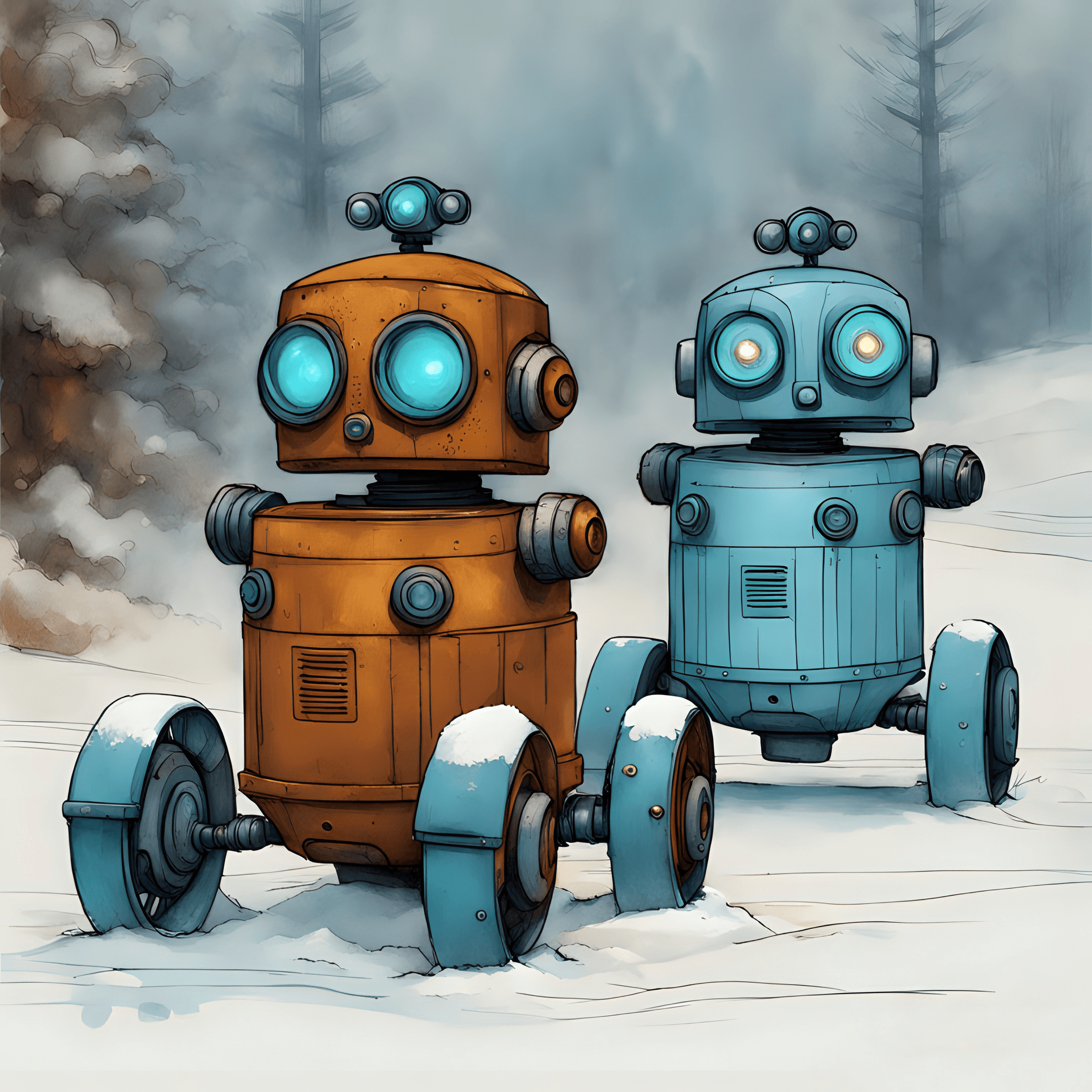 AI generated: Sami Lapland snowscooter, Drawing of Three rusted vintage children's toy robots in 1960 with a cylin...