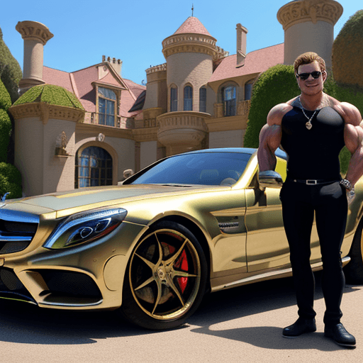 AI generated: Shrek in sunglasses and muscles is a millionaire and is showing the gold watch next to his Mercedes ...