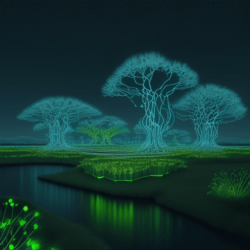 AI generated: digital landscape resembling a natural haven. Incorporate graphic elements reminiscent of lines of c...