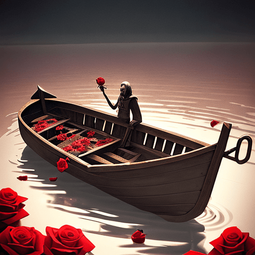 AI generated: A rose in a boat floating in hell