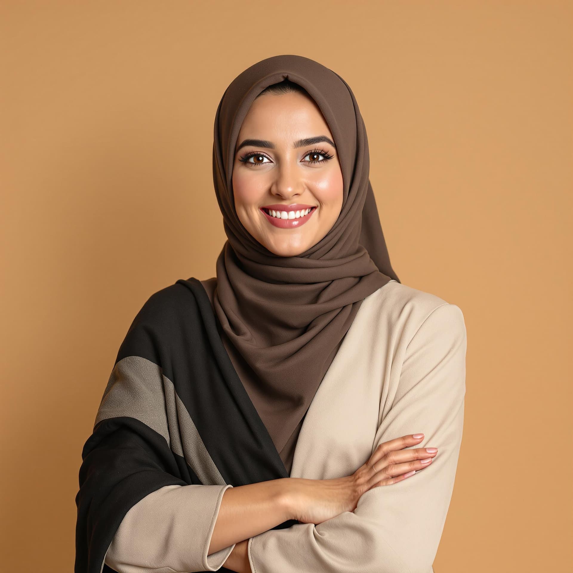 AI generated: portrait of a regular arab woman 30 posing confidently against a warm beige backdrop.
