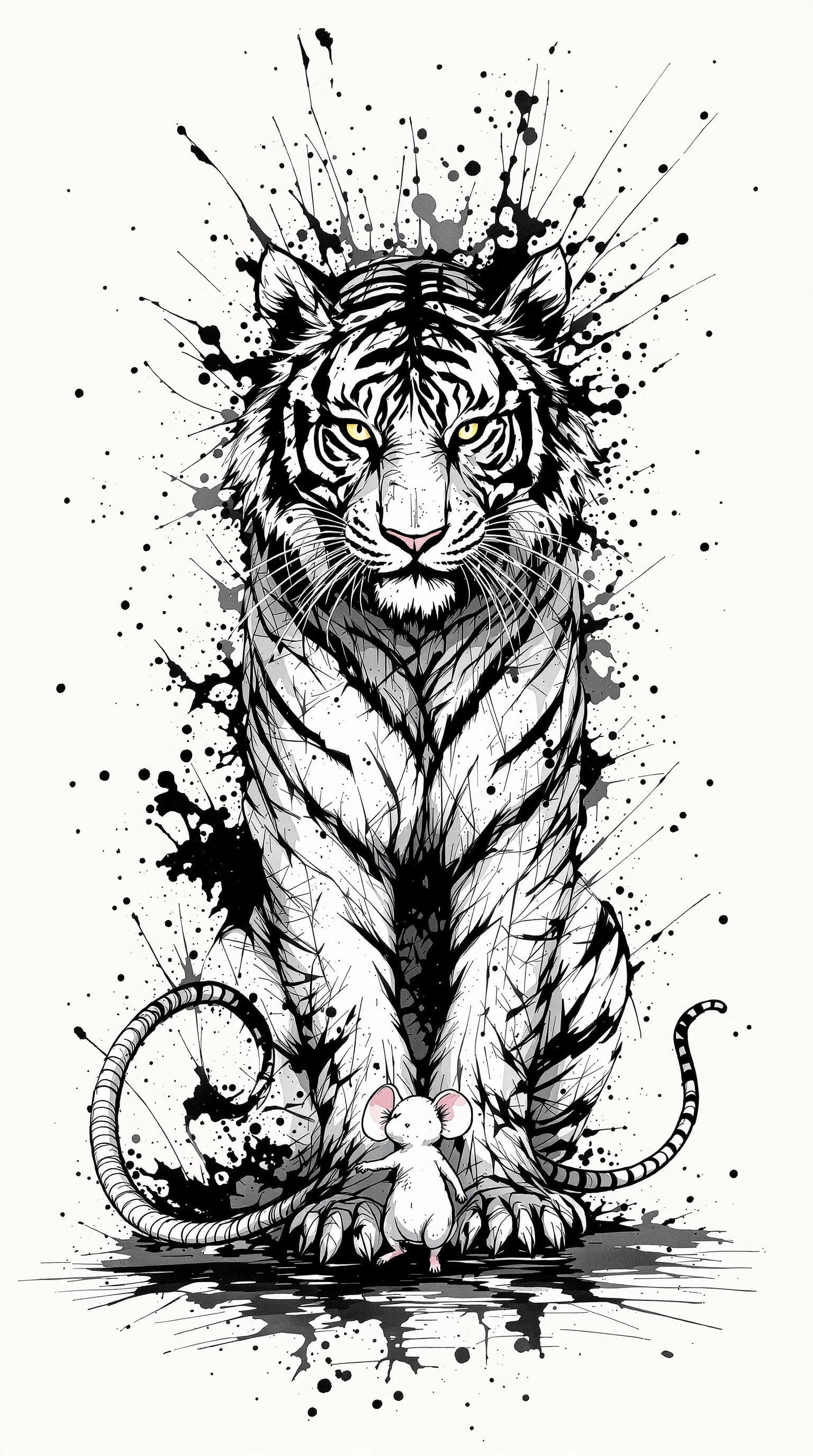 AI generated: a smallsized tiger standing around a  huge mouse ,detailed,ink style,Ink splash art on the backgroun...