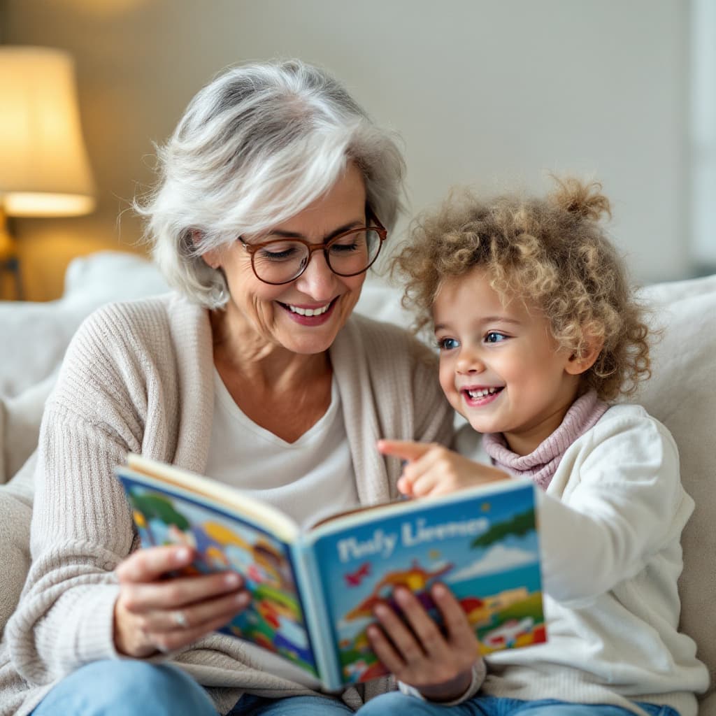 AI generated: A loving grandmother in her mid-70s reads a story to her grandchild in a cozy living room. She has s...