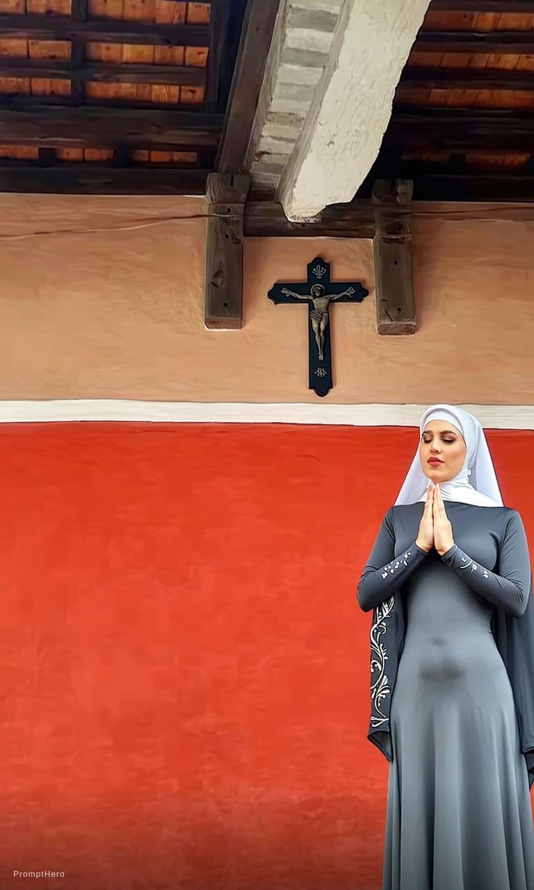 AI generated: A low-angle shot captures a woman in attachment dressed as a nun from the waist up to her thighs aga...