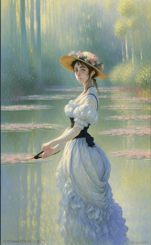 AI generated: a stunning watercolor painting on canvas of a beautiful woman, in the style of Claude Monet :: 4 Giv...