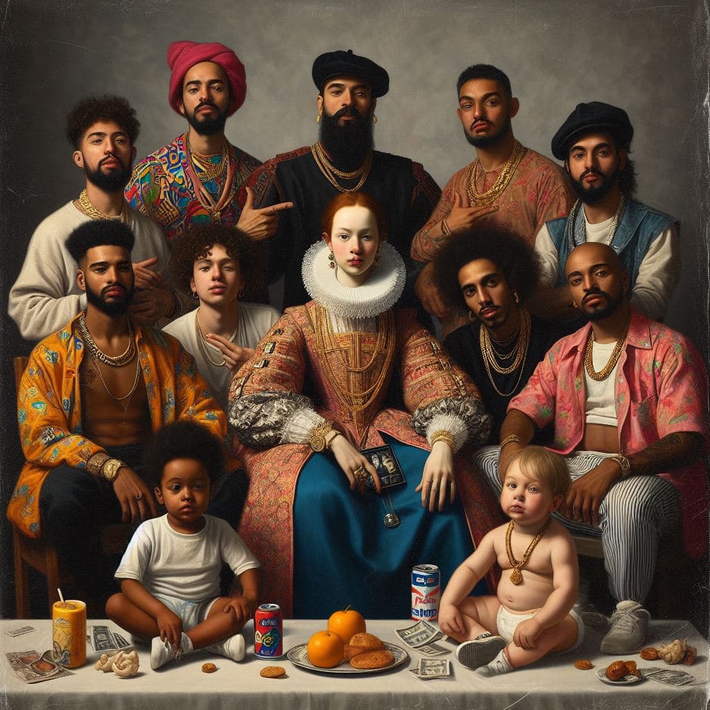 AI generated: Photorealist portrait by Diego Velazquez in a contemporary setting with young latinos dressed in urb...