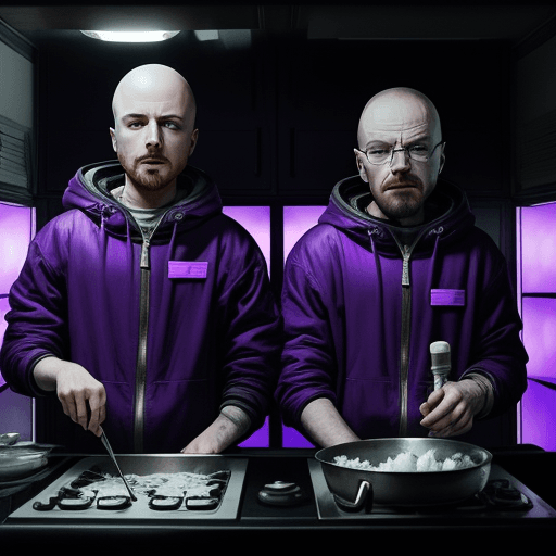 AI generated: Jesse Pinkman and Walter White cooked in the space, breaking bad, dark, purple, great,