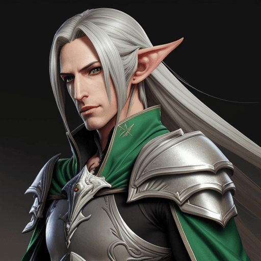 AI generated: Silver Shoulder length haired Elezen, Male, ,muscular, GREEN EYES, holding a Lance, Dragoon, Final F...