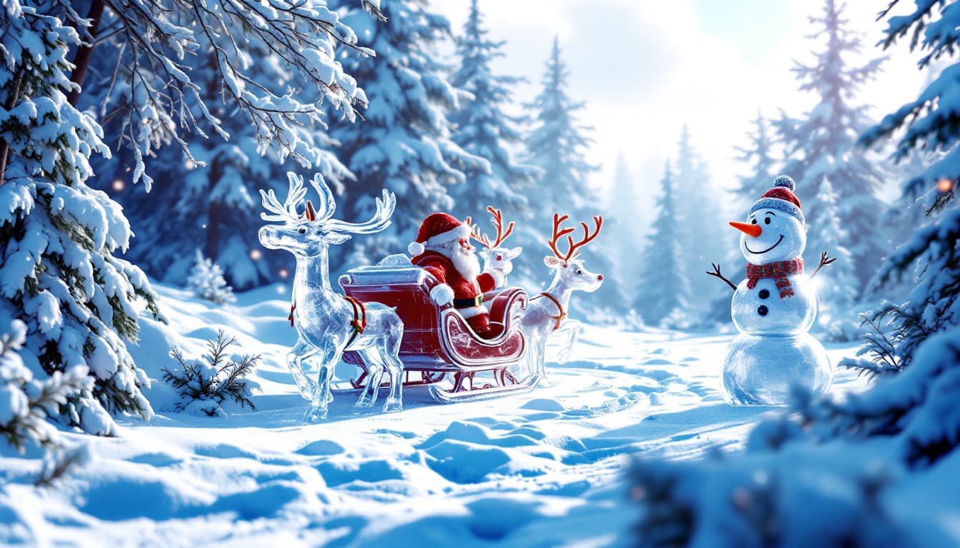AI generated: 3D render of photorealistic image Disney Pixar style. Snowy forest of ice. Ice fairytale sculptures ...