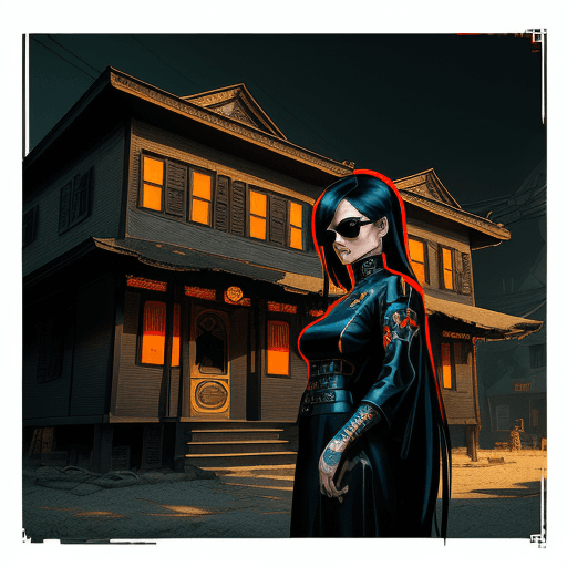 AI generated: a woman in sunglasses beside an old-fashioned house, in the style of cyberpunk manga, ross tran, Chi...