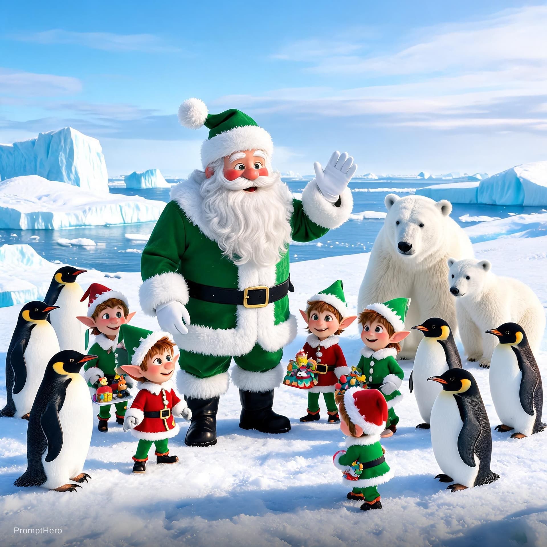 AI generated: GENERAME UNA IMAGEN DE PAPA NOEL CON TRAJE VERDE EN LA ANTARTIDA ACOMPAÑADO DE LOS DUENDES, PINGUINO...