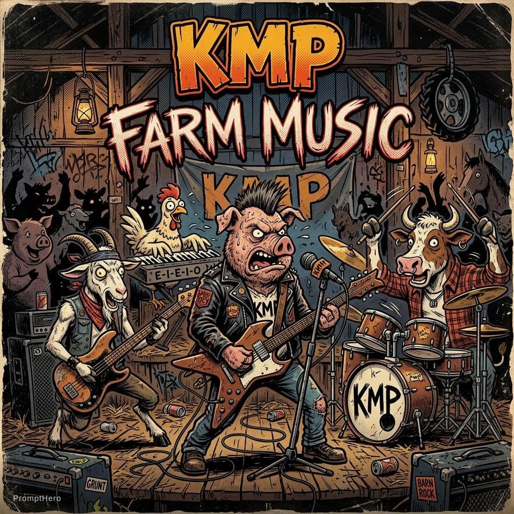 AI generated: Create me a gritty, comic book style, funny animal band image for a song cover called, Farm Music , ...