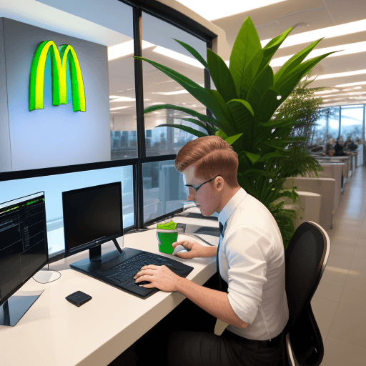AI generated: plant in ultra modern environement, Mister mac donald using computer multi doimention