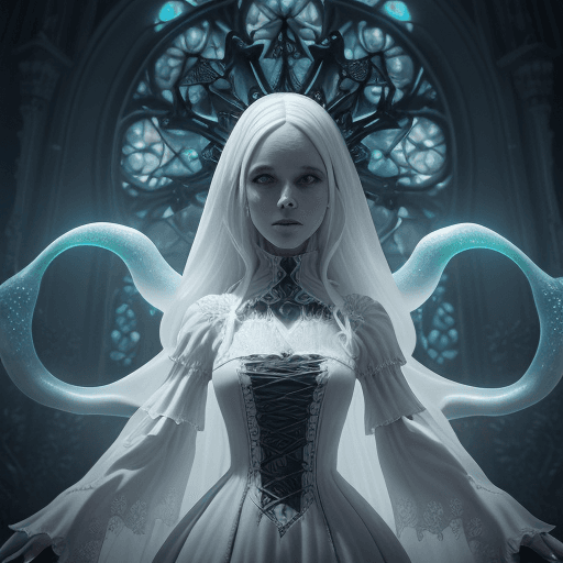 AI generated: witch, gothic dress, white dress, bioluminiscent creatures, intricate artwork . octane render, trend...
