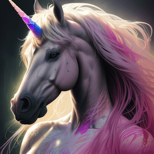 AI generated: Art by Carne Griffiths, Unicorn (horse) , perfect face, perfect body, Muscles, perfect digital paint...