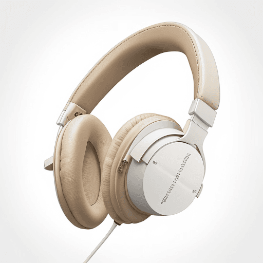 AI generated: headphones in white plastic and beige leather, using bang & olufsen look and feel.