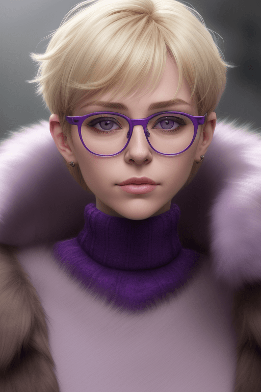 AI generated: (medium shot:1.3) photography, woman wearing purple eyeglasses, fur sweater, blond hair, short hair,...