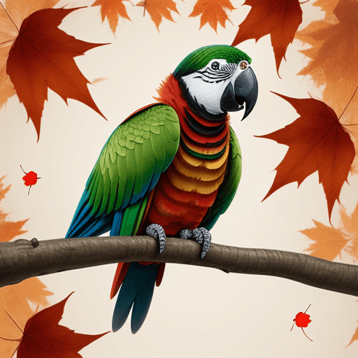 AI generated: Parrot made entirely of autumn leaves, rests on the branch of a tree made entirely of eyes.