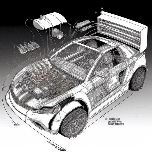 AI generated: Engineering diagram showing an exploded view of a car with all its components separated and labeled....