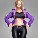 AI generated: 1girl, breasts, blonde hair, solo, navel, hands on waist, 5 fingers, purple eyes, large breasts, sho...