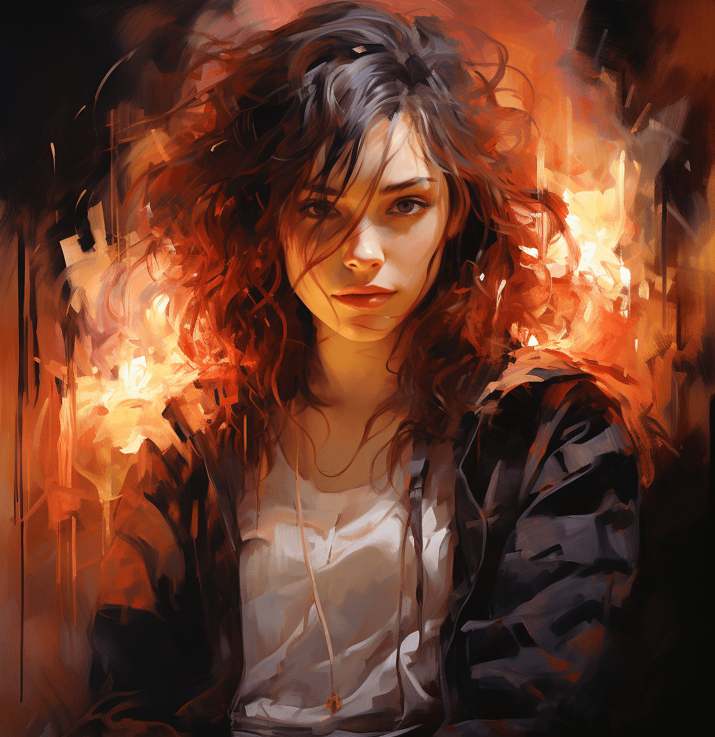 AI generated: a woman is seated on the floor in front of fire, in the style of dmitri danish, ross tran, dmitry sp...