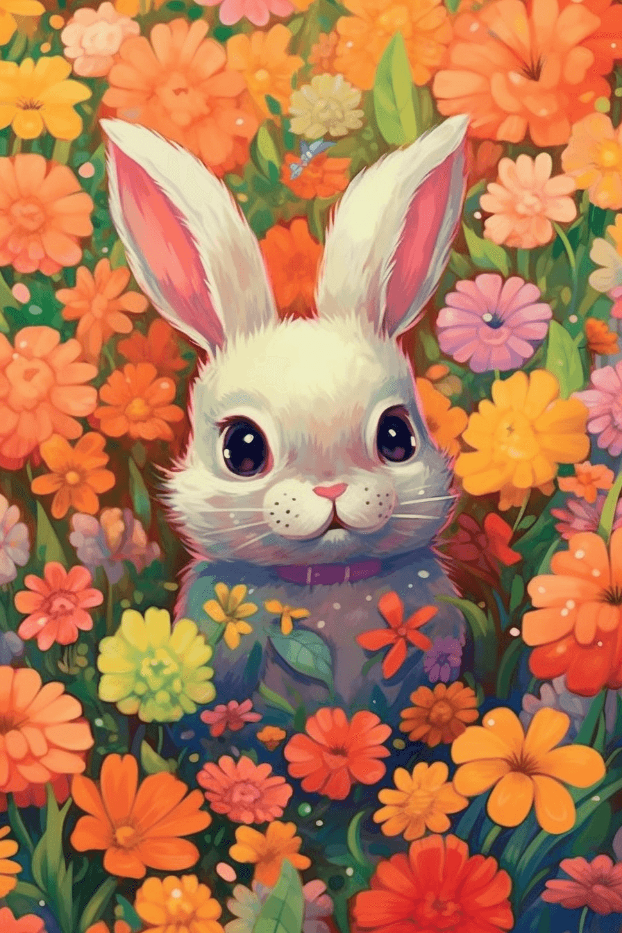 AI generated: cute bunny playing in flower field background, Pixar, vector, intricate sticker, by Jeff Smith, Will...