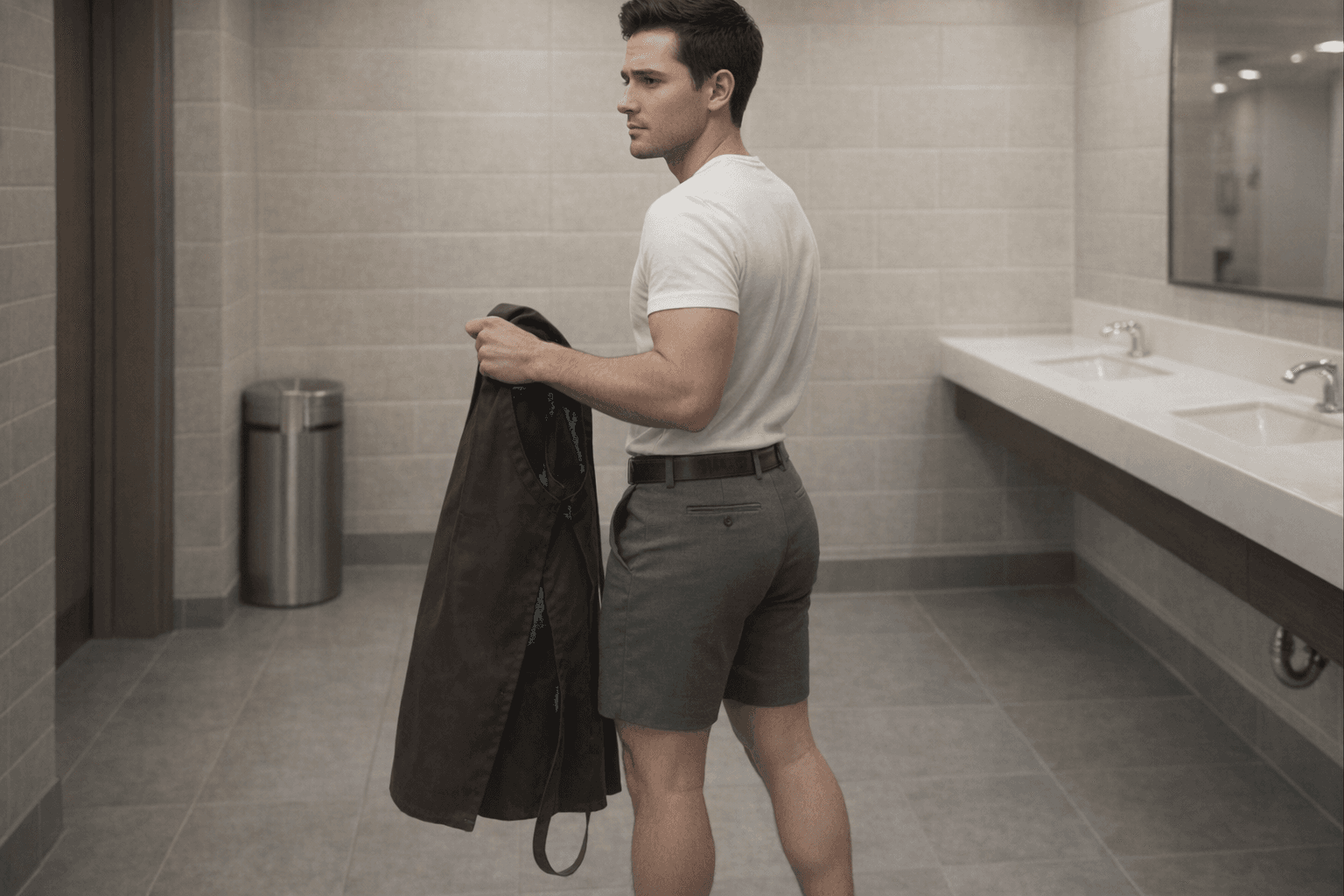 AI generated: The model is at the employees coffee shop restroom. The model is standing while holding a dark brown...