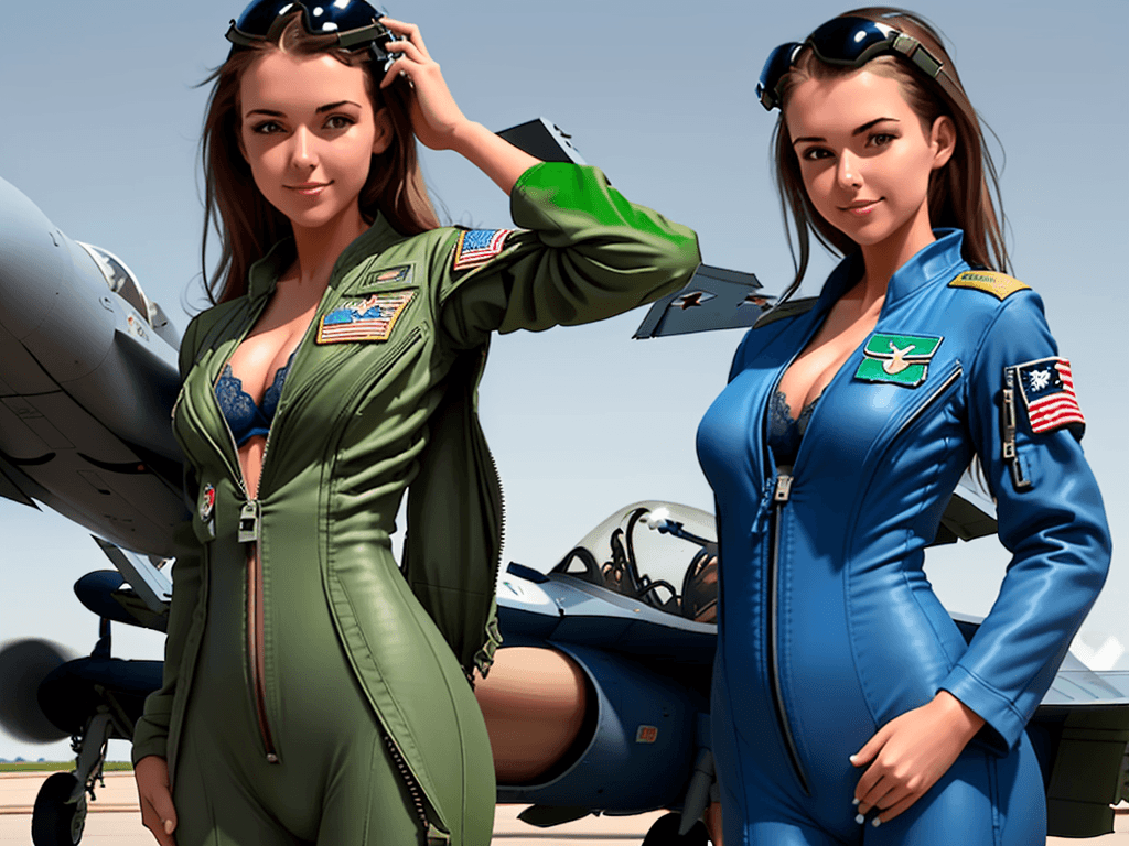AI generated: beautiful american air force fighter pilot girl. She is wearing a loose-fitting, green, one-piece fl...
