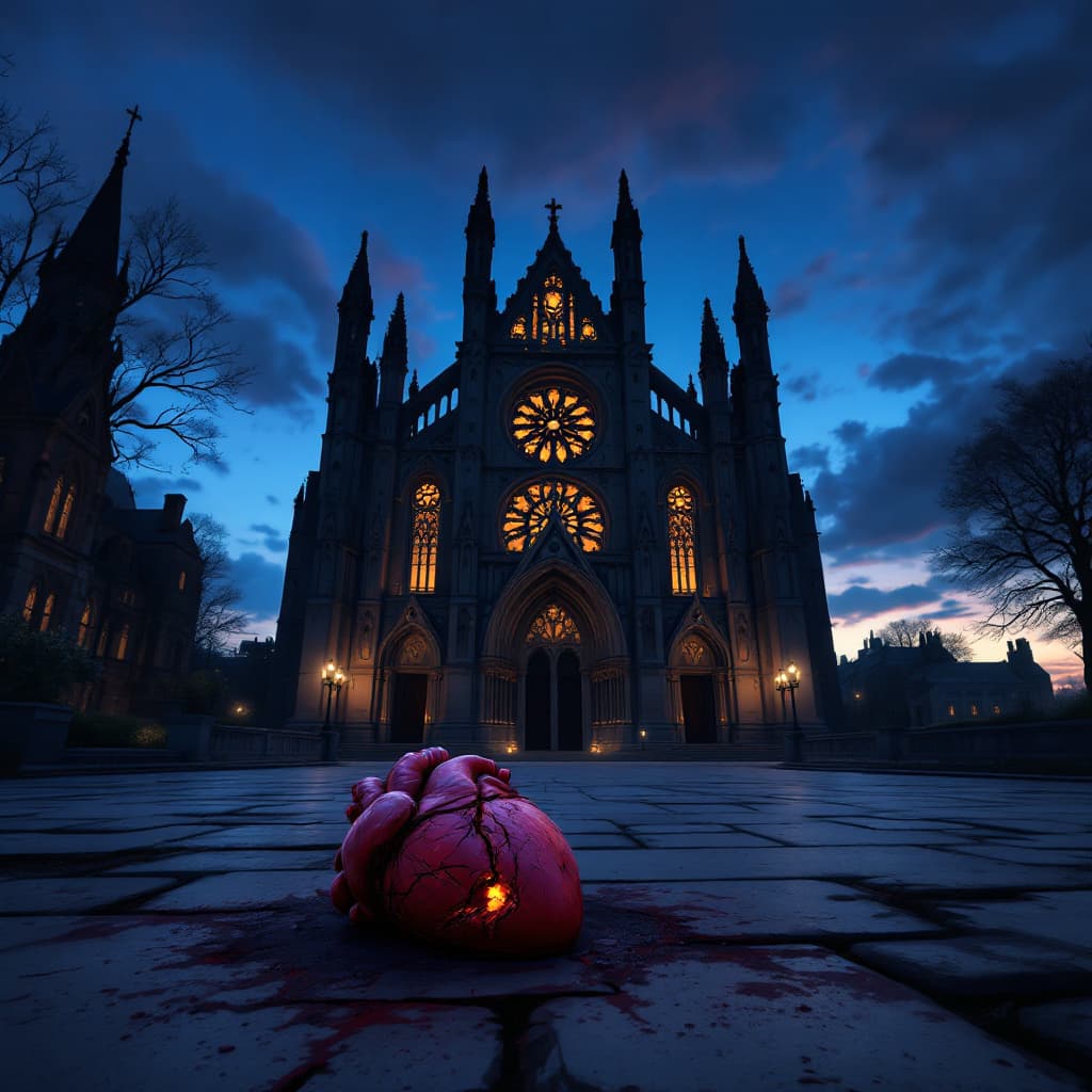 AI generated: A wide-angle establishing shot of a Gothic cathedral at dusk, full facade visible, cinematic composi...