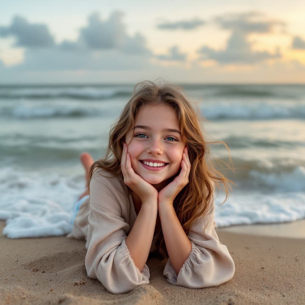 AI generated: Very young girl in light clothing lying on the sand in front of the sea, waves, clouds sunset