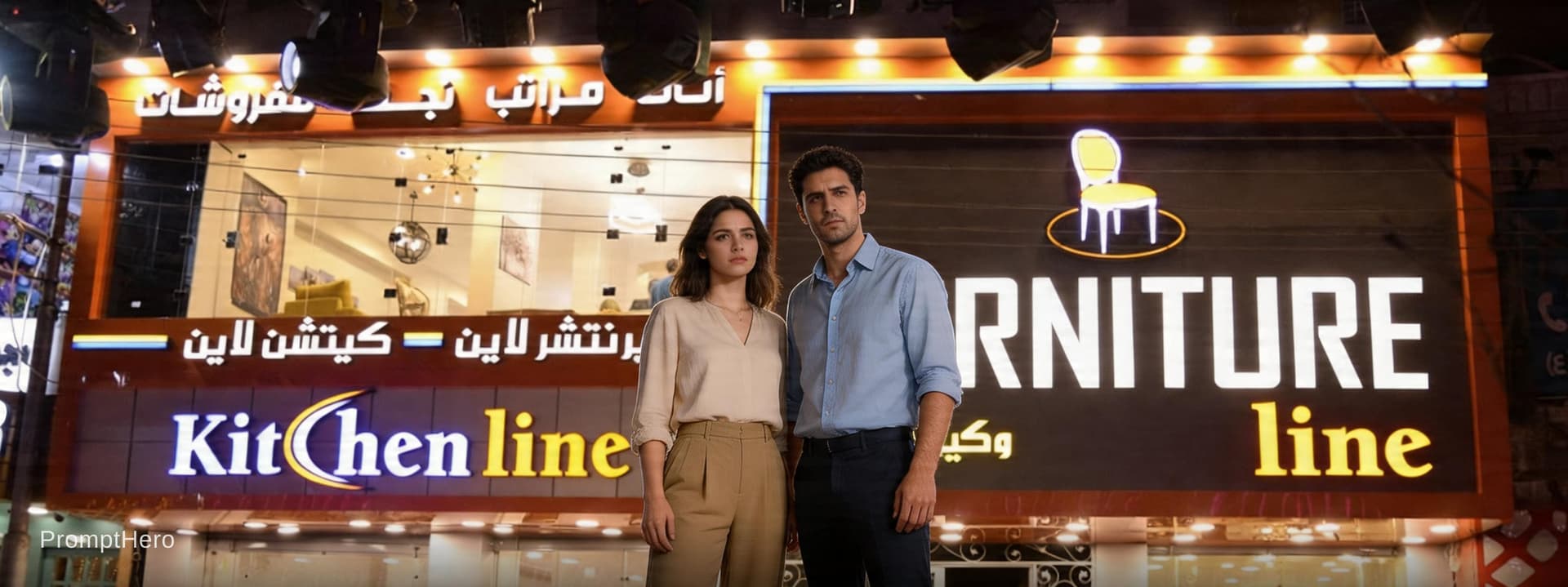 AI generated: young Egyptian couple standing in front of a furniture showroom, looking bored and disappointed, ord...