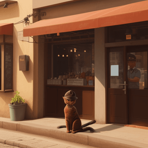 AI generated: little grey cat wearing a construction uniform and hat and waiting outside restaurant for lunch in a...