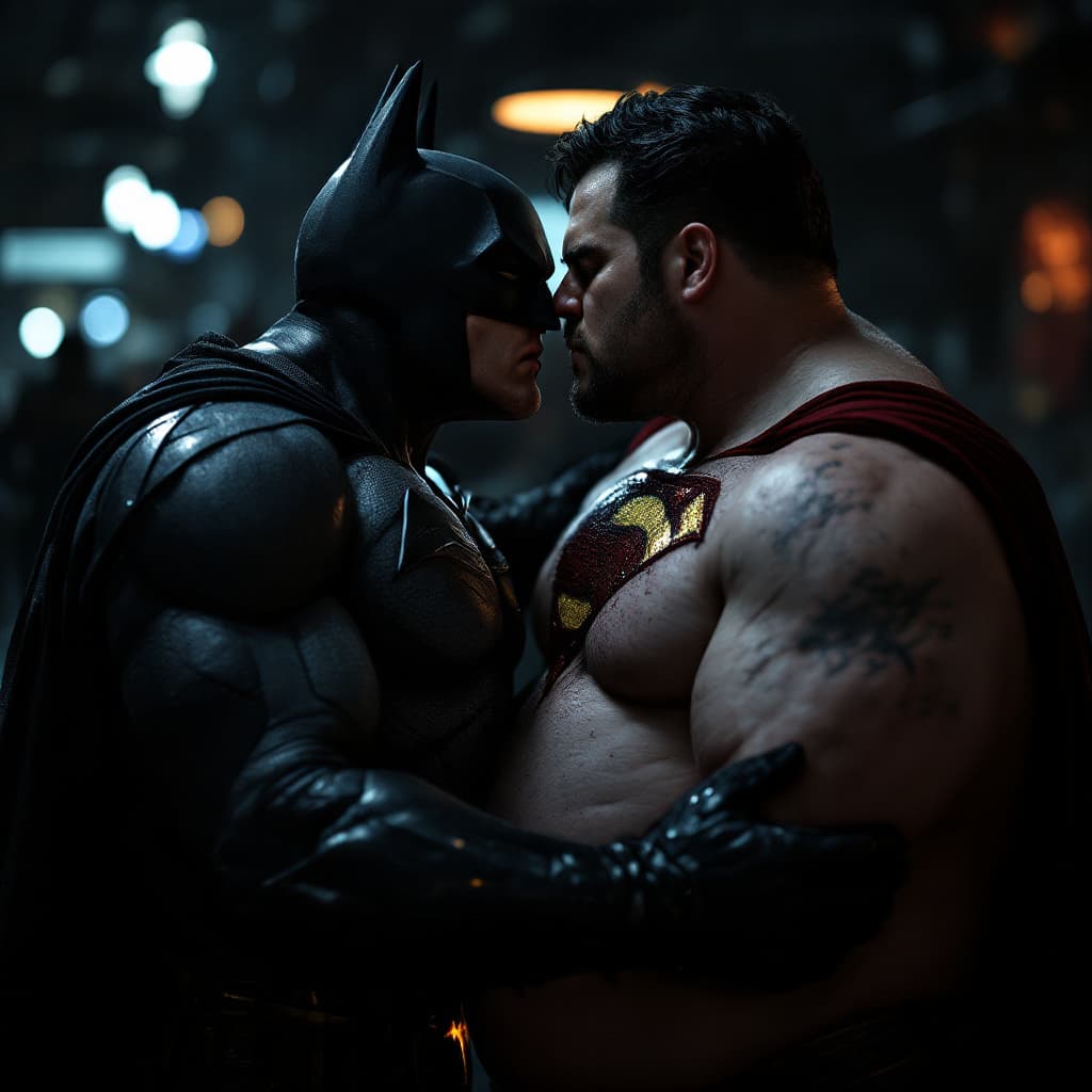 AI generated: photography,  close up of a batman anorexic  ,superman morbid fat, kissing passionately, hugging wit...