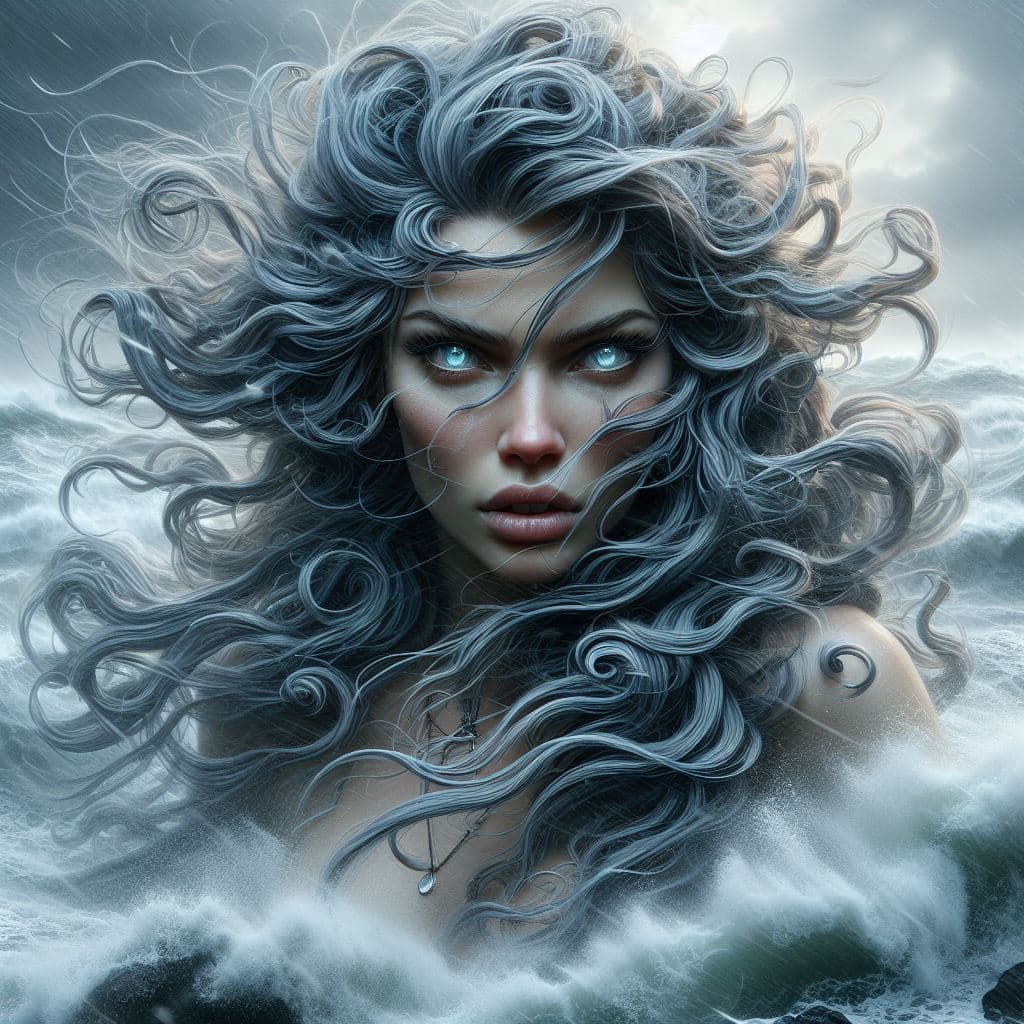 AI generated: On a stormy, windswept coastline, Nimbus, a tempestuous sea witch, commands the raging elements with...