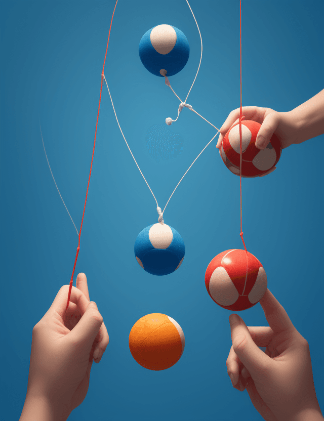 AI generated: Three balls connected by strings between two hands playing with them, with a blue background.