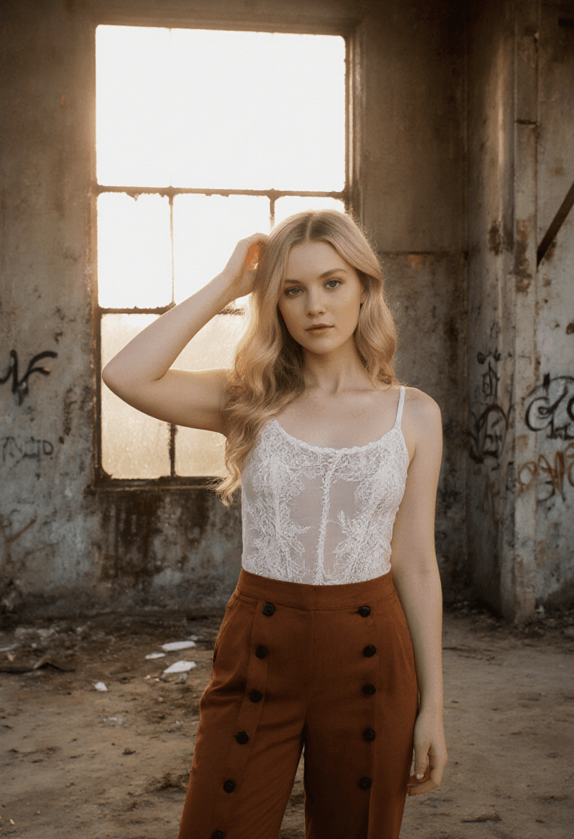 AI generated: A cinematic, photorealistic portrait of a woman standing in an abandoned industrial space, bathed in...