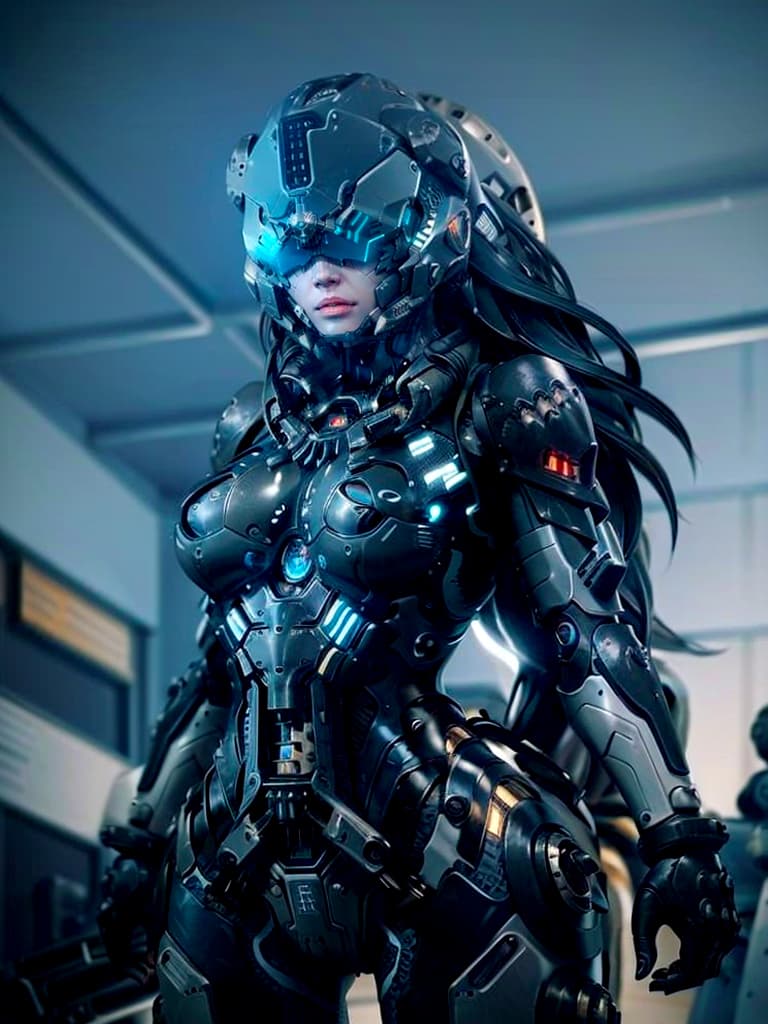 AI generated: (highly detailed:1.3),rfktr_technotrex, mecha female cyborg with dark-colored glossy armor sexy body...